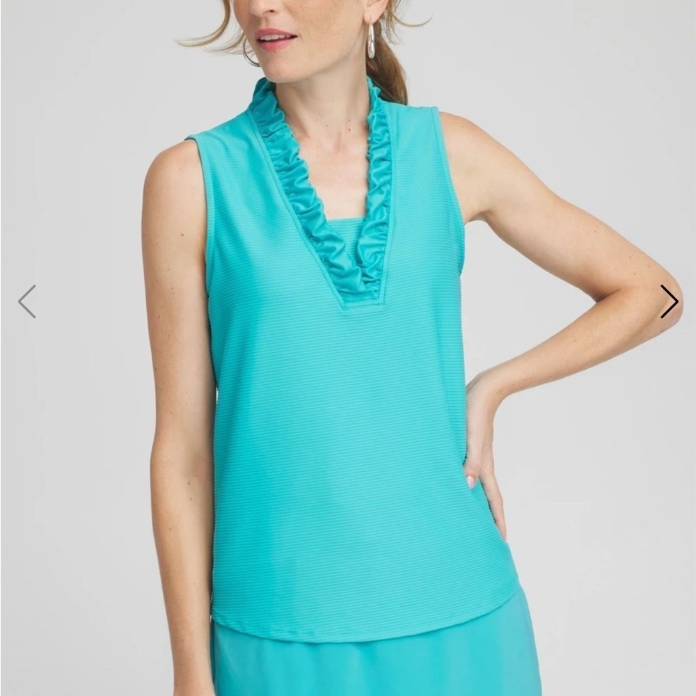 Chico’s Zenergy UPF V-Neck Ruffle Tank size Turquoise 1 US M (size 8-10)